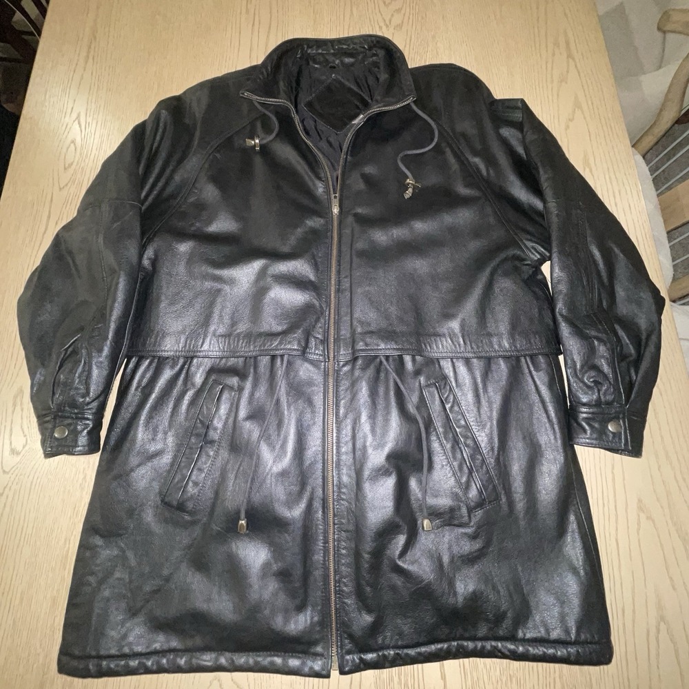 Vintage 90s G-III Carl Banks Genuine Leather Parka Jacket Men's Size Large Black